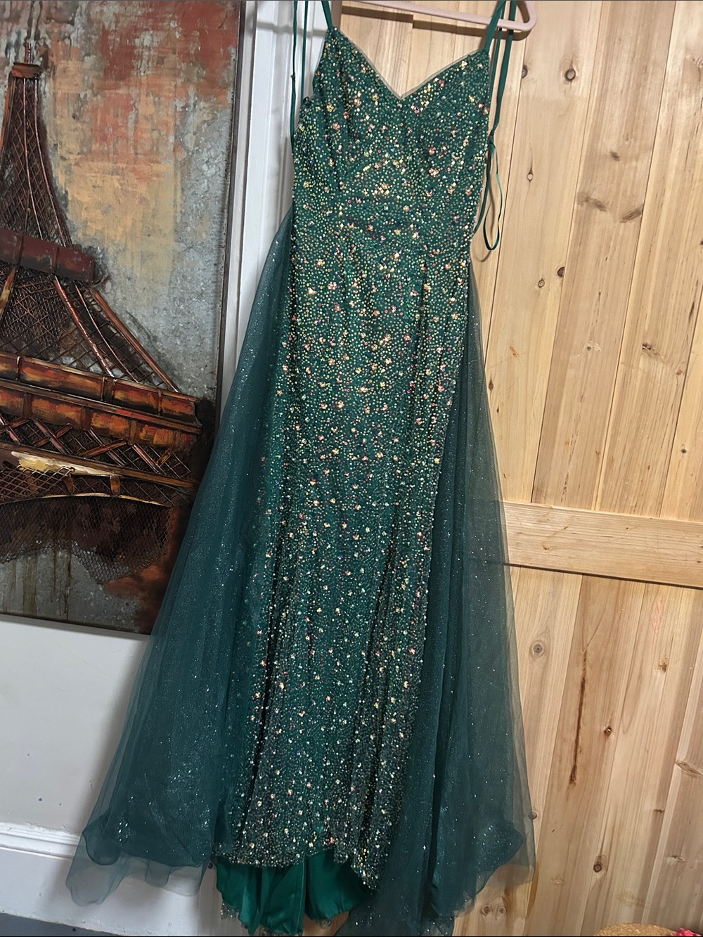 Green Beaded Spaghetti Strap Prom Dress